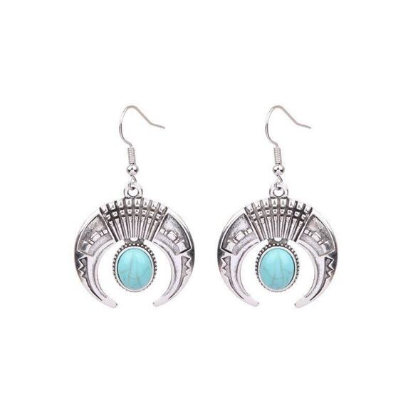 Ethnic Style Flower Alloy Turquoise Drop Earrings Boho Silver Round Retro Hippie - Picture 6 of 6